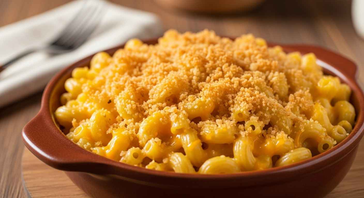 Close-up of creamy five-cheese mac and cheese.