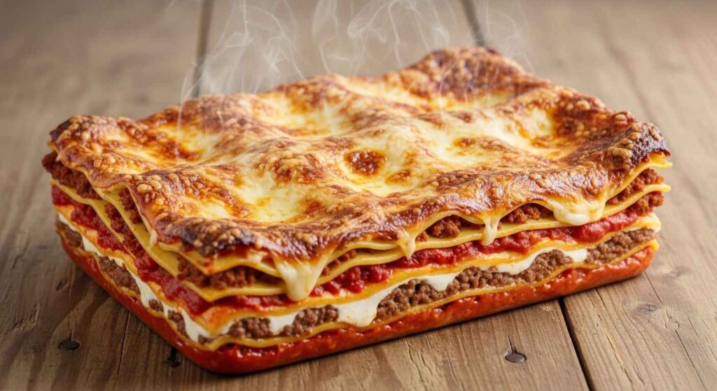 Baked lasagna with cheesy top layer.