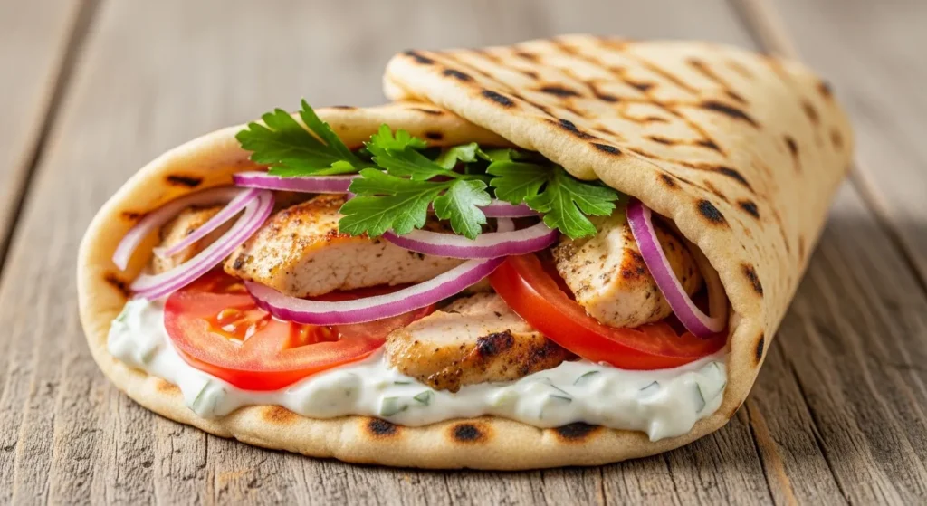  Greek chicken souvlaki wrap with tzatziki, tomatoes, and onions