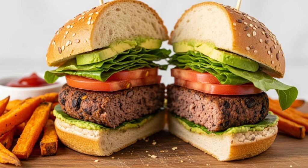Veggie burger on whole wheat bun with lettuce, tomato, and avocado.
