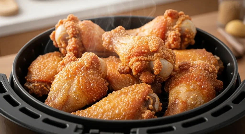 Crispy air fried chicken wings in basket
