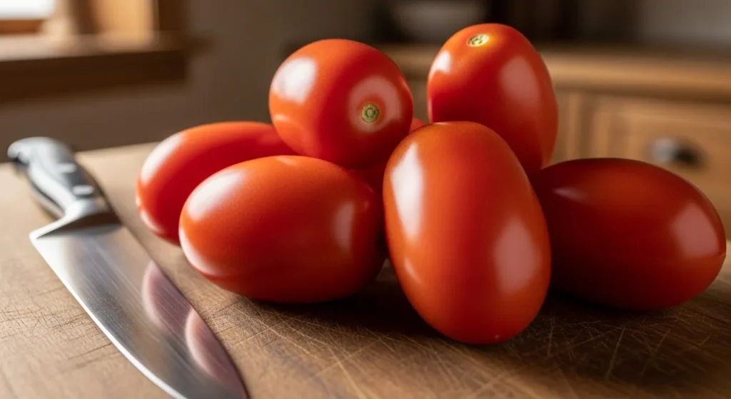 Fresh Roma tomatoes on a wooden cutting board with a knife.