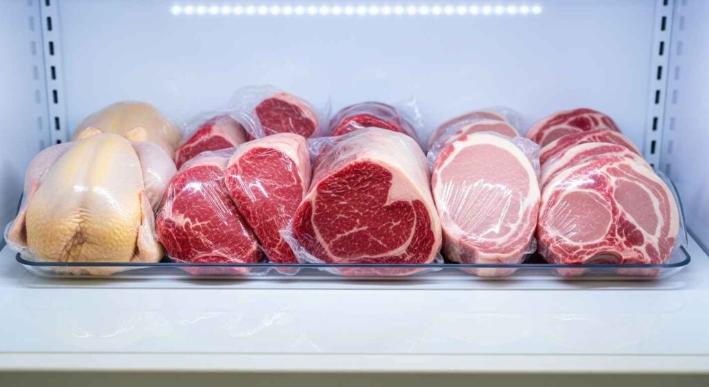 Fresh meat stored in airtight containers in a refrigerator.