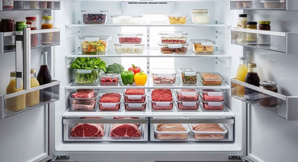 Raw meat stored on the bottom shelf of a refrigerator.