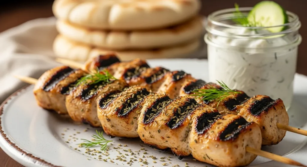 Grilled chicken souvlaki skewers on a plate with pita and tzatziki.