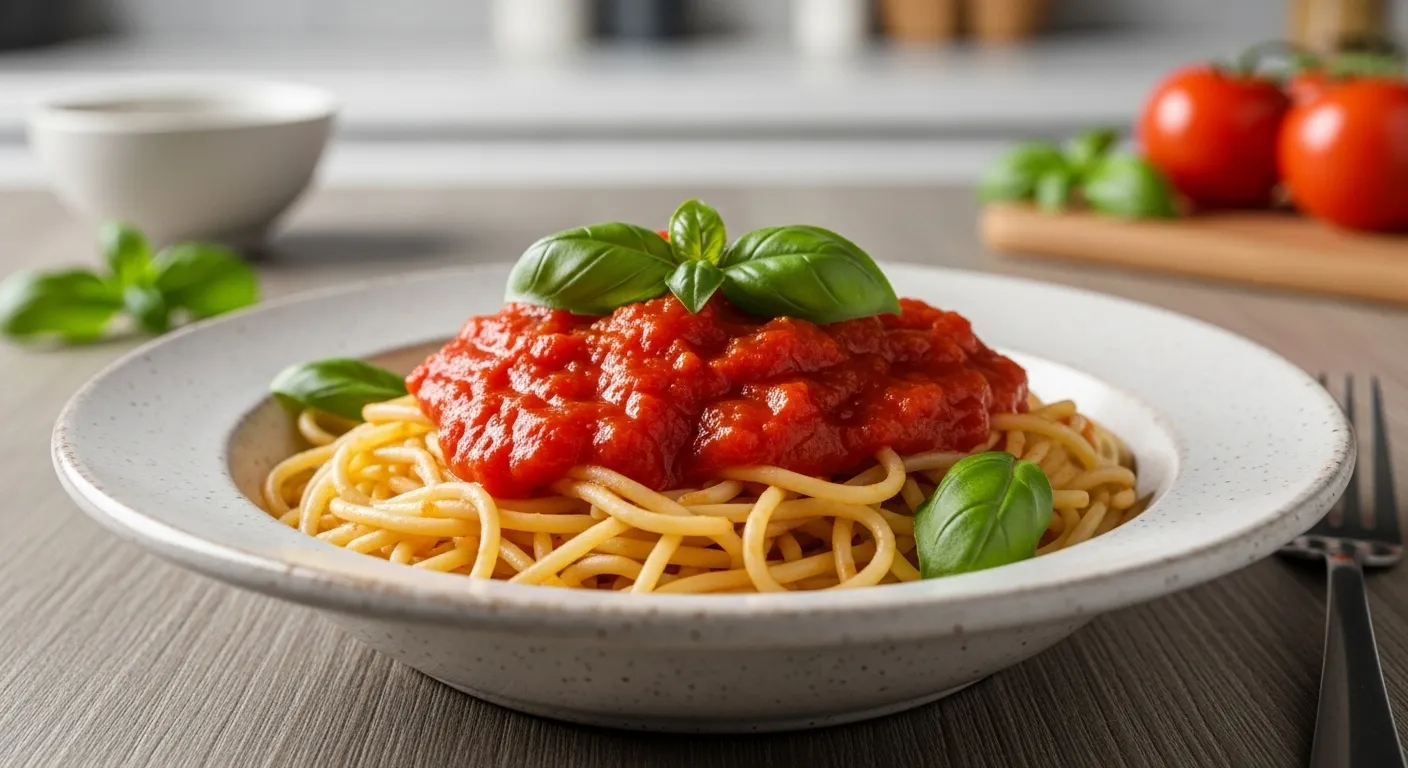 Bowl of fresh tomato marinara sauce with spaghetti and basil.