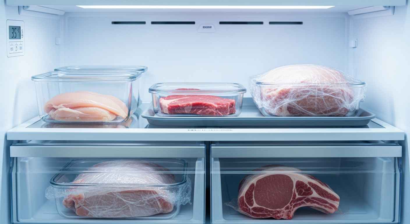 Fresh meat in airtight containers on a refrigerator shelf.