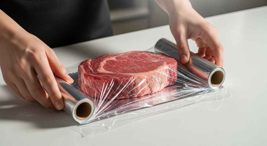Hands wrapping fresh meat in cling wrap and foil for freezing.