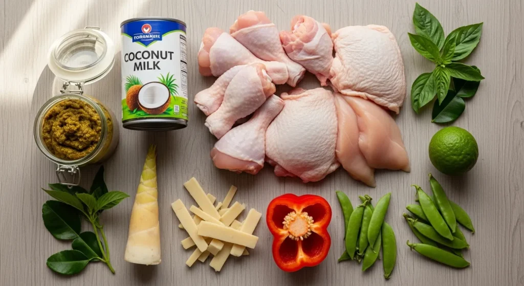 Ingredients for easy Thai green curry with chicken.