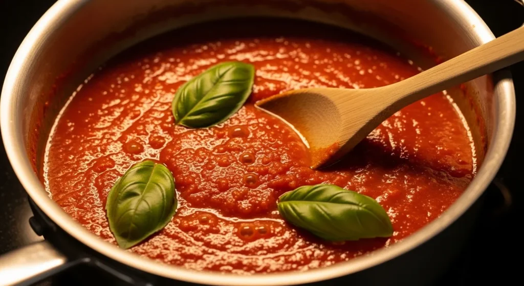 A saucepan filled with red marinara sauce and basil leaves.
