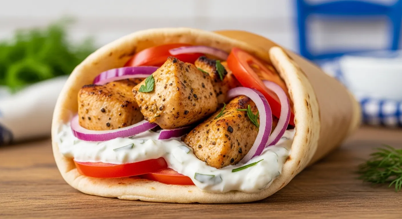 Greek chicken souvlaki wrap with tzatziki and veggies