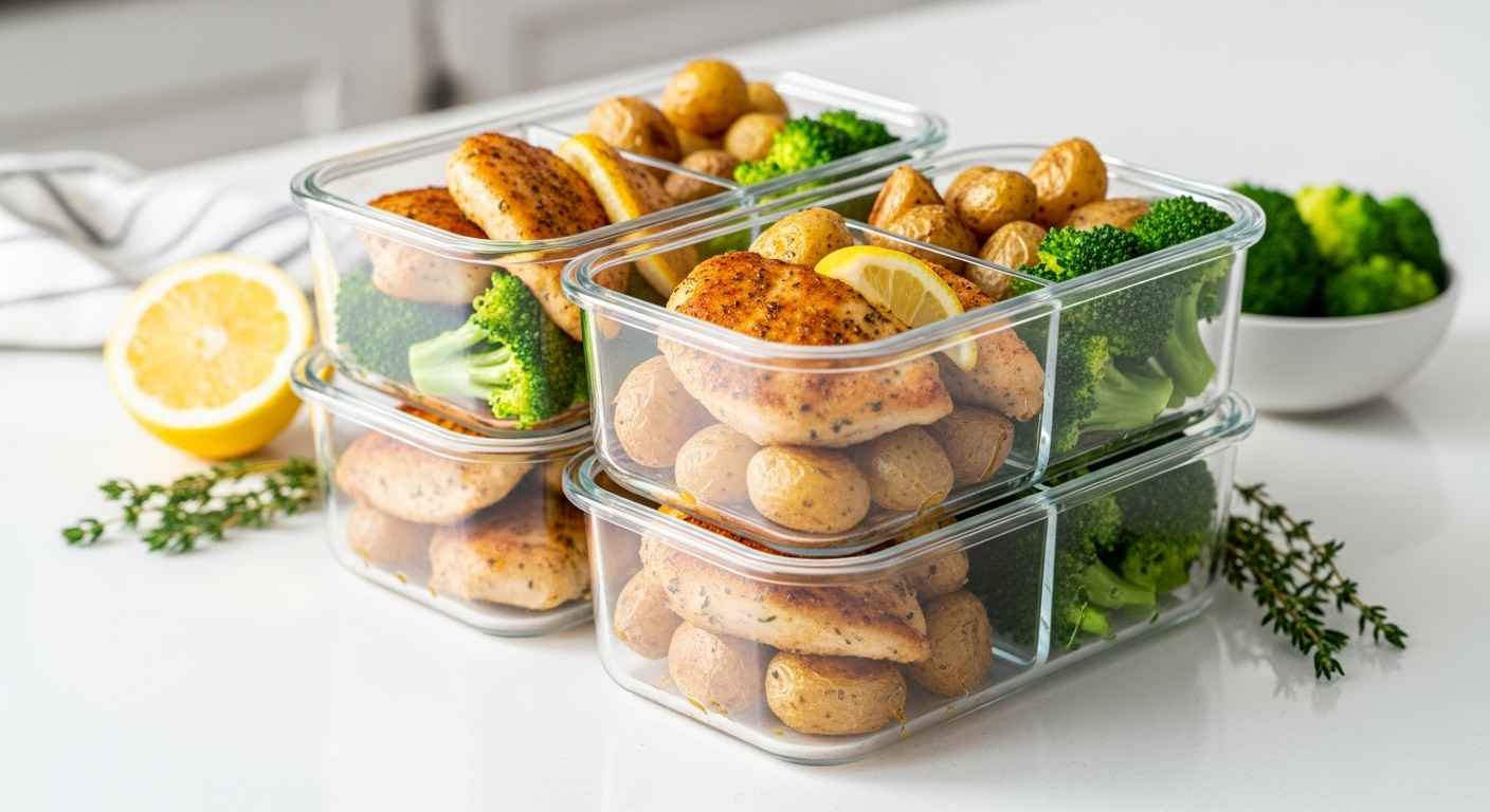 Colorful meal prep containers with chicken, potatoes, and broccoli.