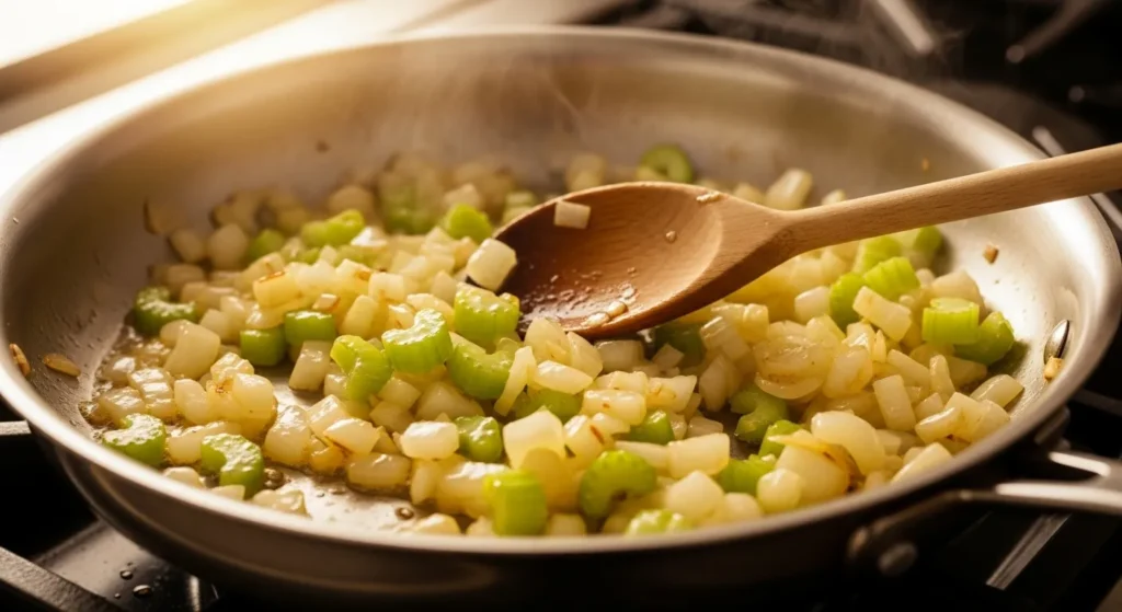 Diced onions and celery sautéing in a skillet with butter.