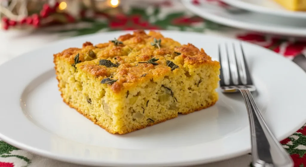 Slice of golden Jiffy cornbread dressing on a white plate with a fork.