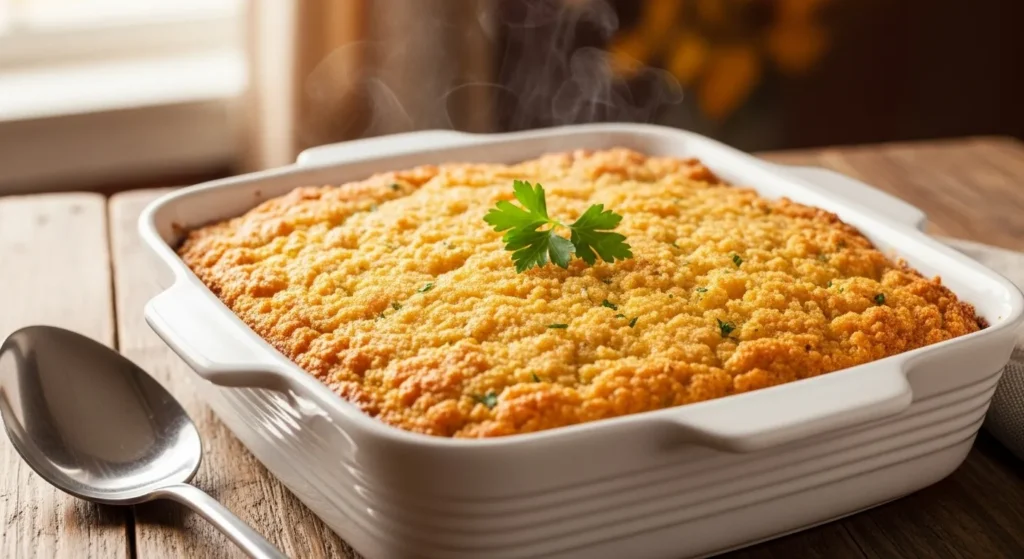 Golden Jiffy cornbread dressing in a white casserole dish.