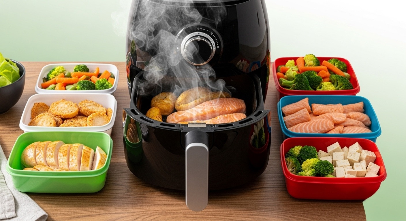 Thumbnail of air fryer meal prep setup with chicken, salmon, and veggies.