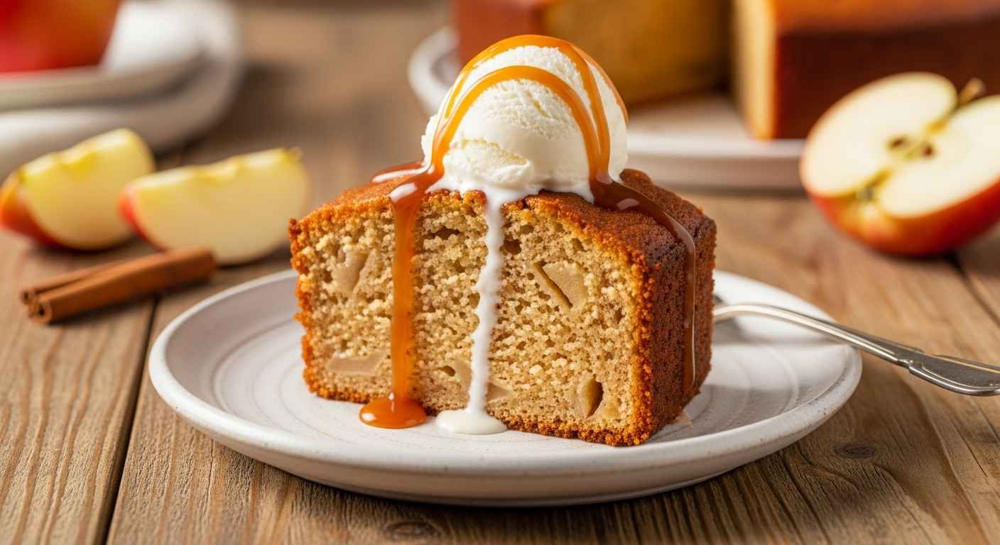 Slice of Amish apple cake with cinnamon and apples