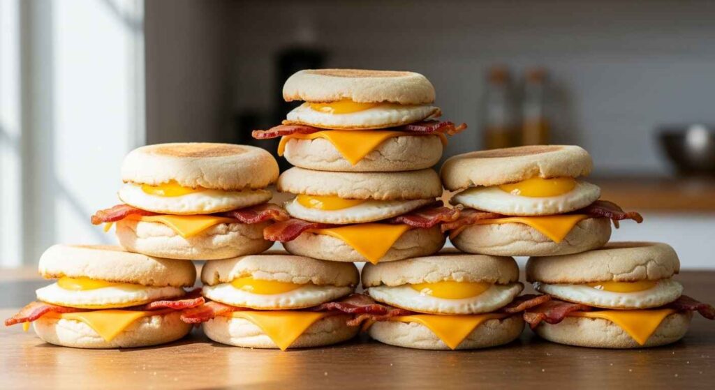 Stack of assembled breakfast sandwiches on counter.