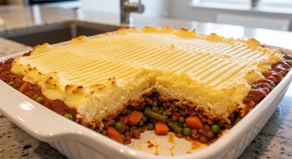 Vegetarian shepherd’s pie assembled in a baking dish with mashed potato topping.