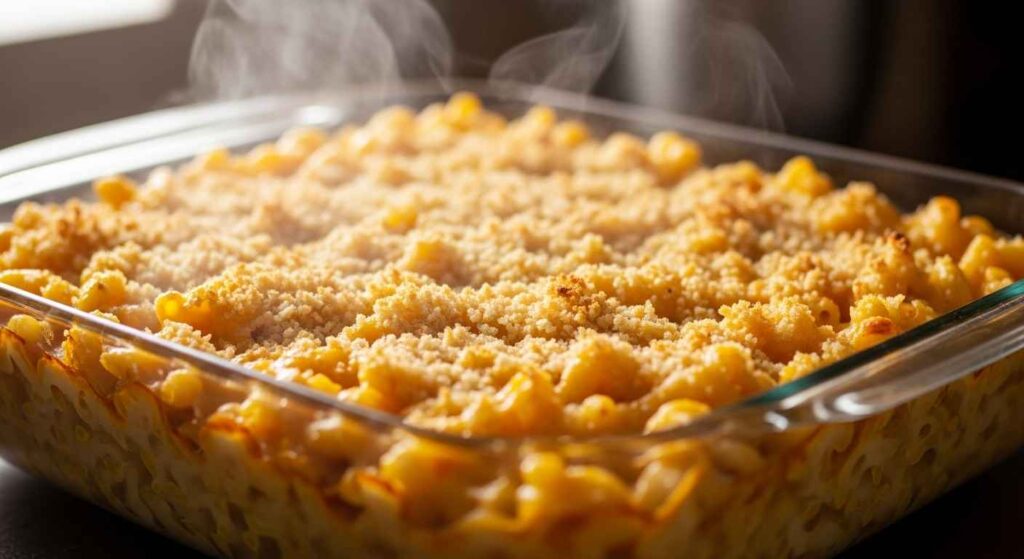 Baked macaroni with five cheeses and crispy topping.