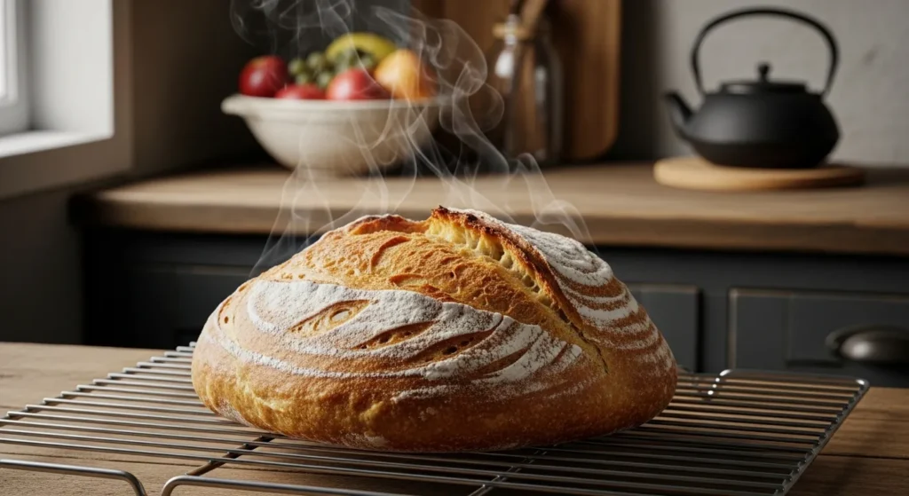 Golden loaf of homemade fermented bread on cooling rack.