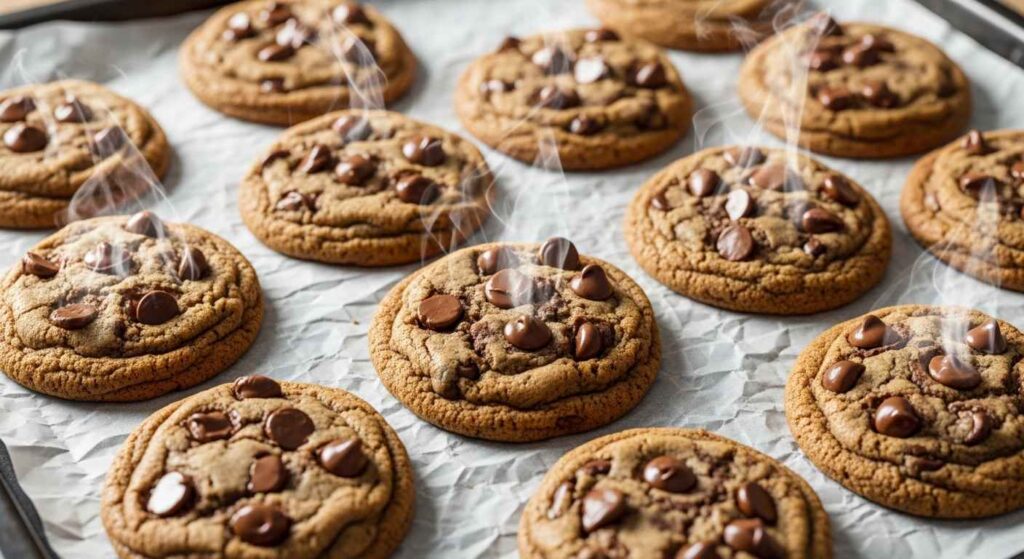 Tray of warm chocolate chip cookies with melty chips.