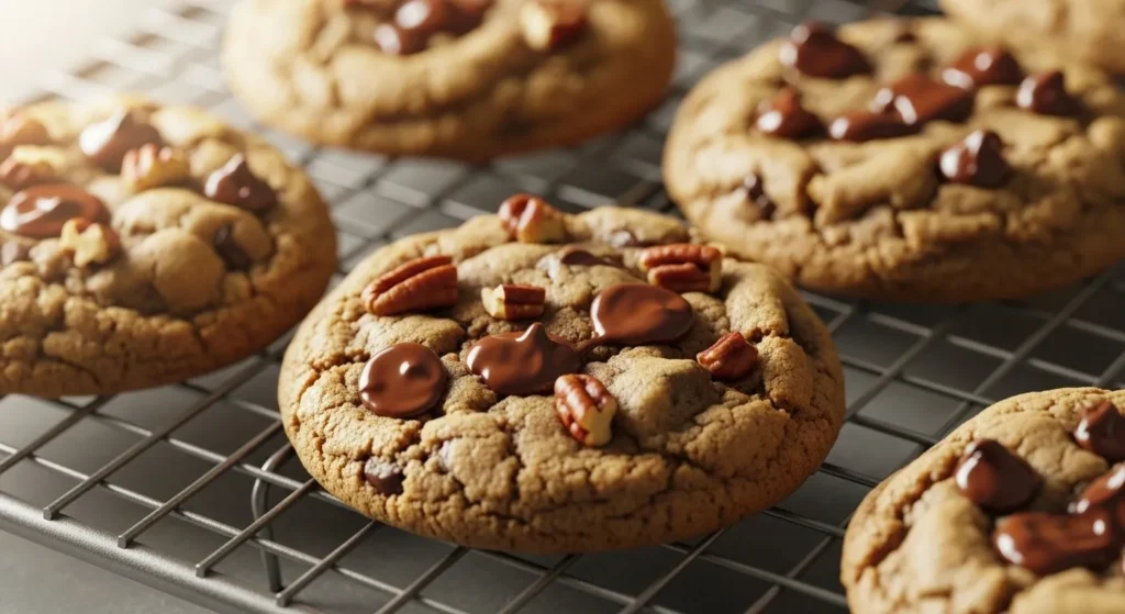 Stack of warm chocolate chip pecan cookies with melted chips.