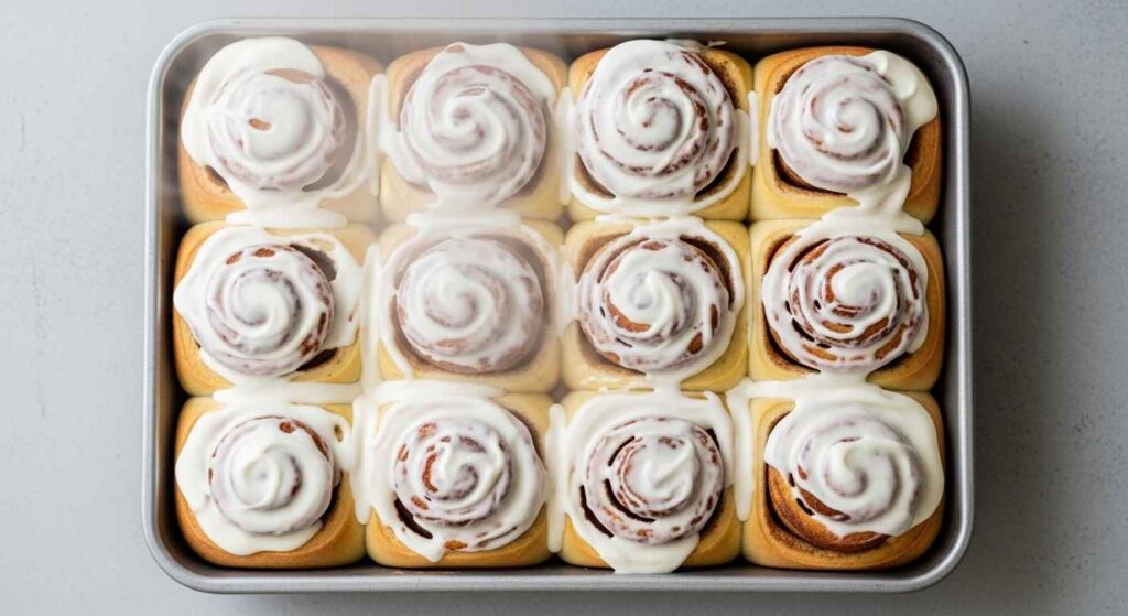 Golden sourdough discard cinnamon rolls topped with frosting.