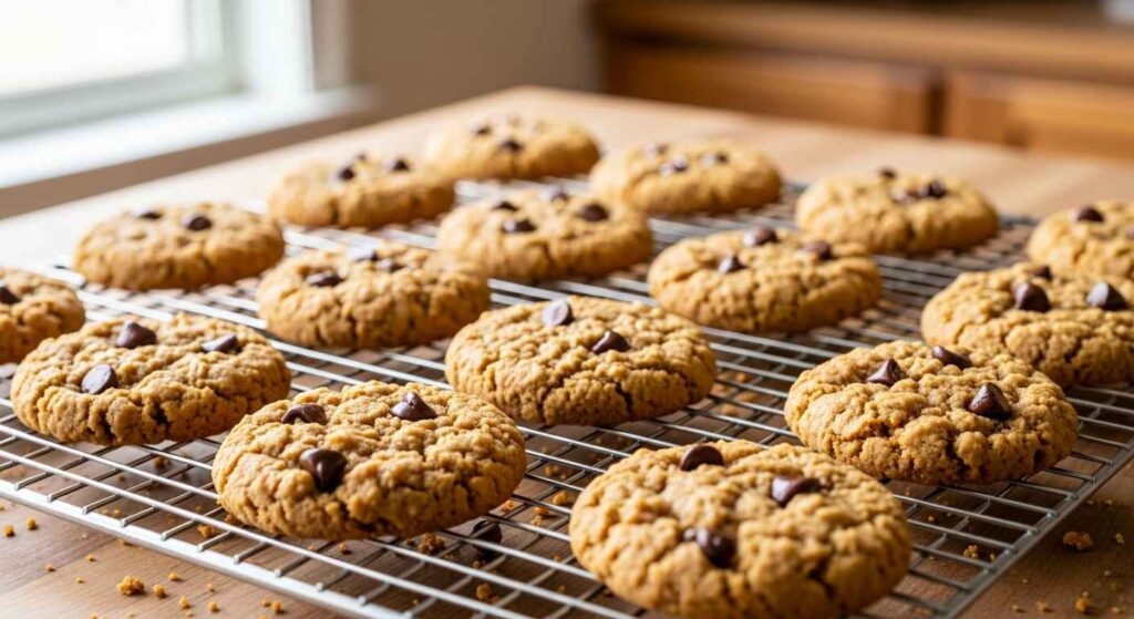 Golden flourless peanut butter oatmeal cookies with chocolate chips.