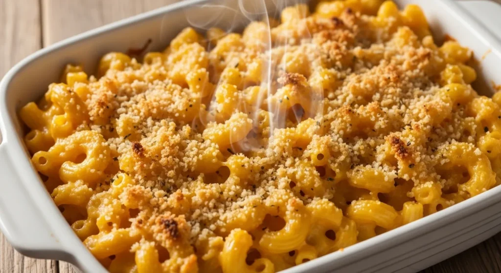 Baked mac and cheese with crispy breadcrumb topping