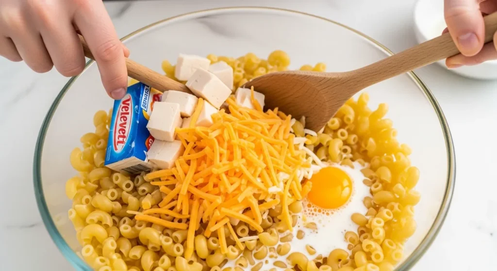 Step-by-step photo of adding eggs and milk to macaroni and cheese.
