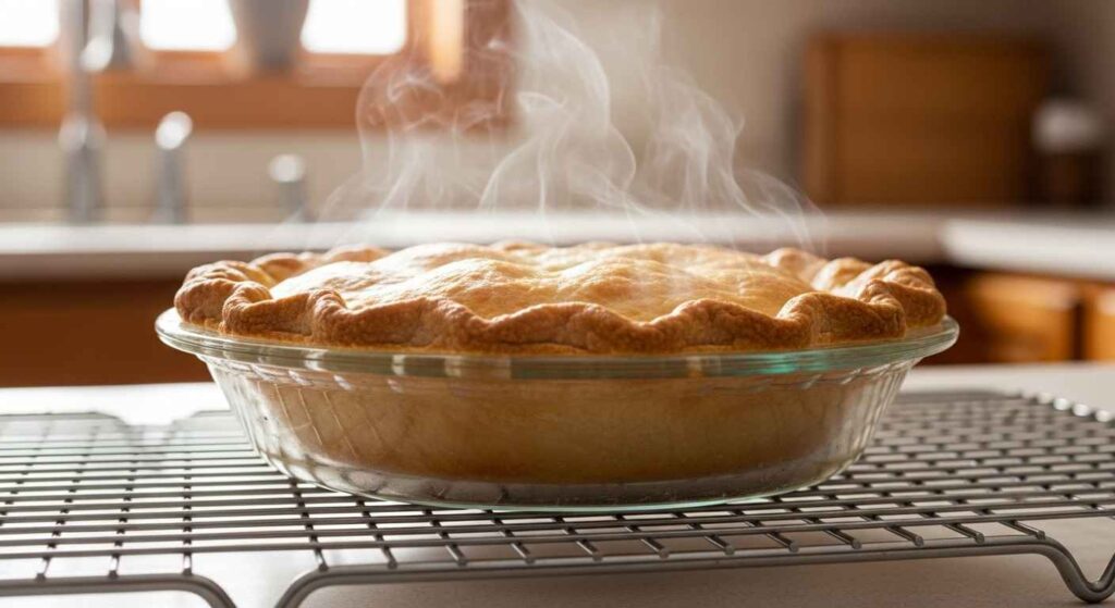 Baked homemade flaky pie crust in a glass dish.