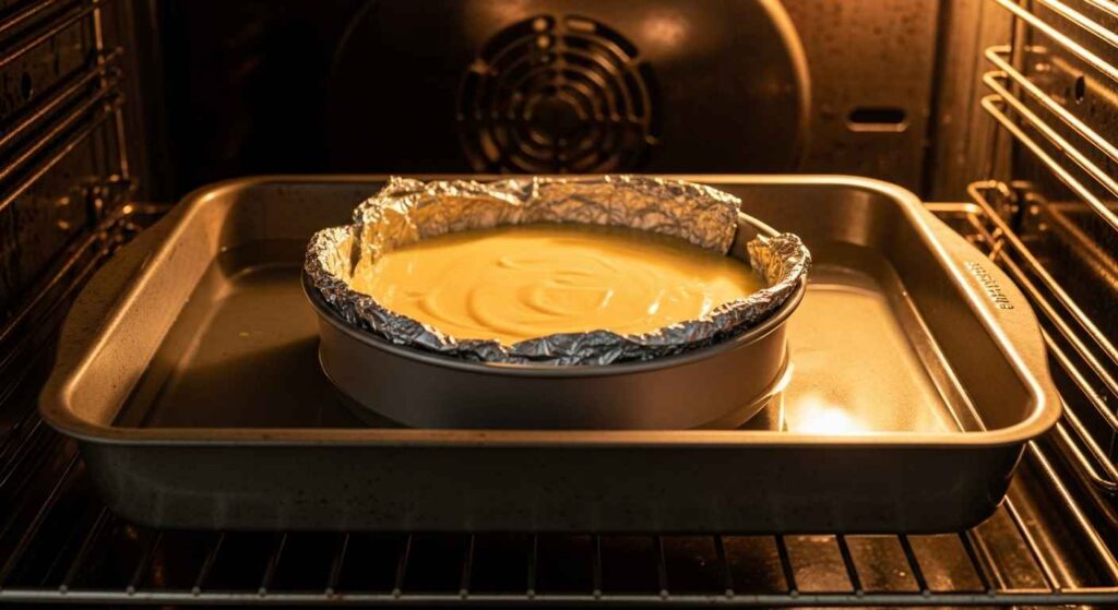 Round baking dish of flan custard in water bath inside oven.