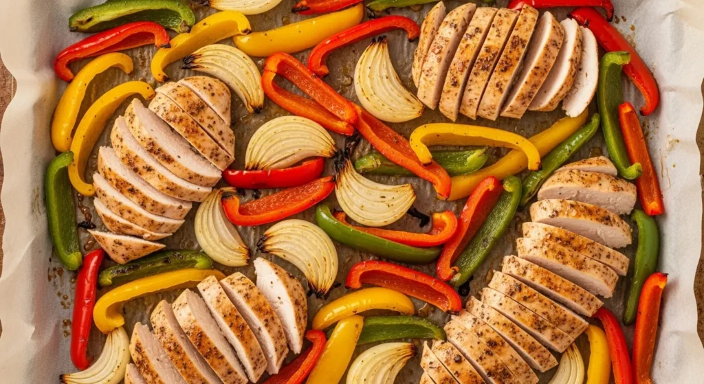 Charred chicken strips, bell peppers, and onions on a baking sheet.