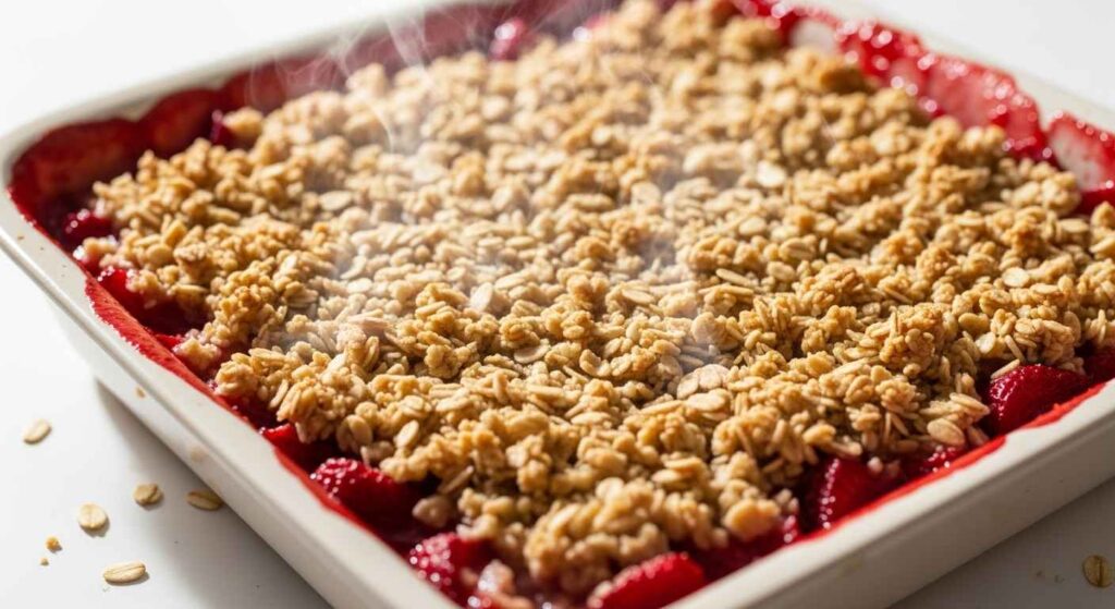 Baked strawberry rhubarb crisp with crunchy oat topping.