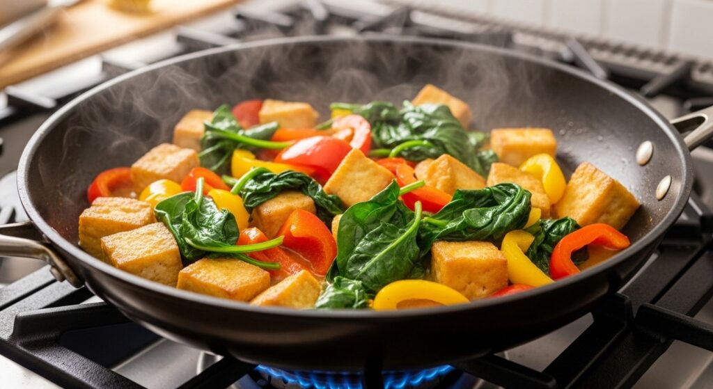 Baked tofu with veggies and greens.