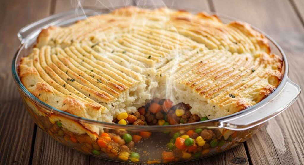 Baked vegetarian shepherd’s pie with crispy mashed potato top.