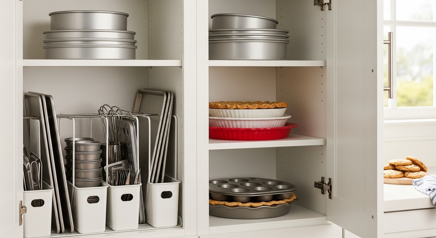 Thumbnail of organized baking pans and trays in tidy cabinet.