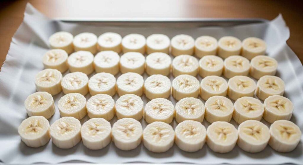 Sliced ripe bananas arranged on baking sheet for freezing