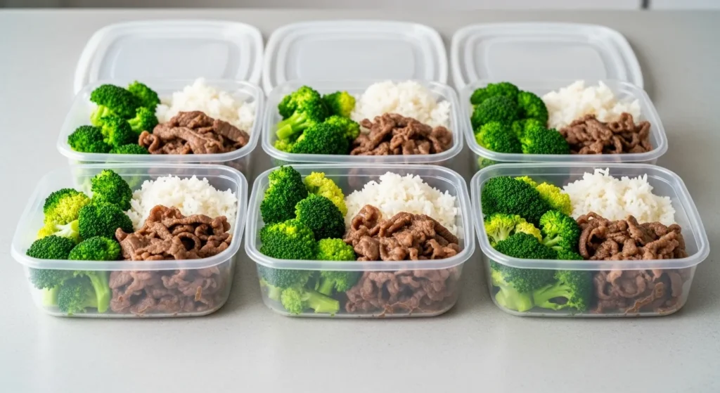 Five meal prep containers with beef strips, broccoli, and rice.