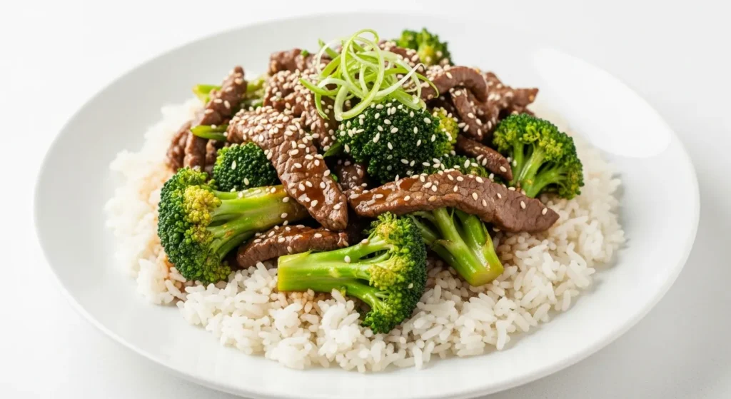  Beef and broccoli stir-fry on a plate with rice.