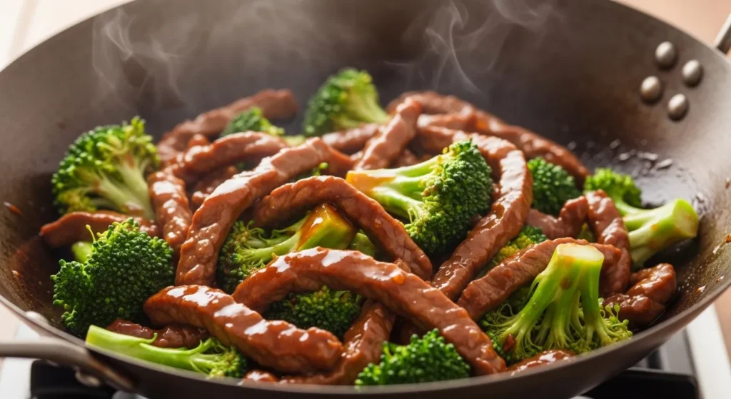 Beef and broccoli stir-fry cooking in a wok.