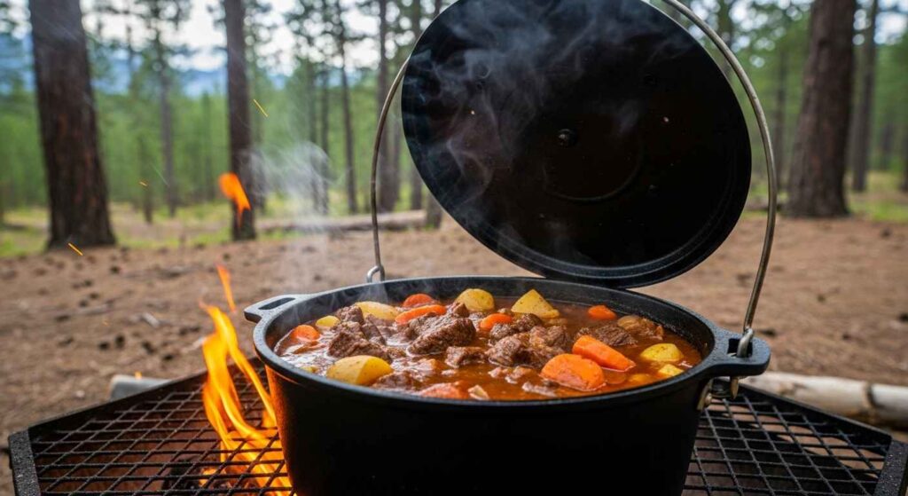 Campfire Dutch oven beef stew with veggies.