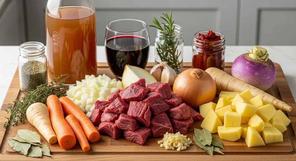 Ingredients for slow cooker beef stew with root vegetables on a wooden table.