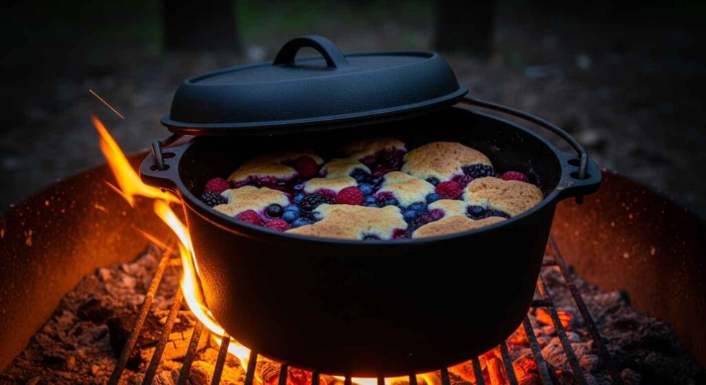 Dutch oven berry cobbler dessert camping.