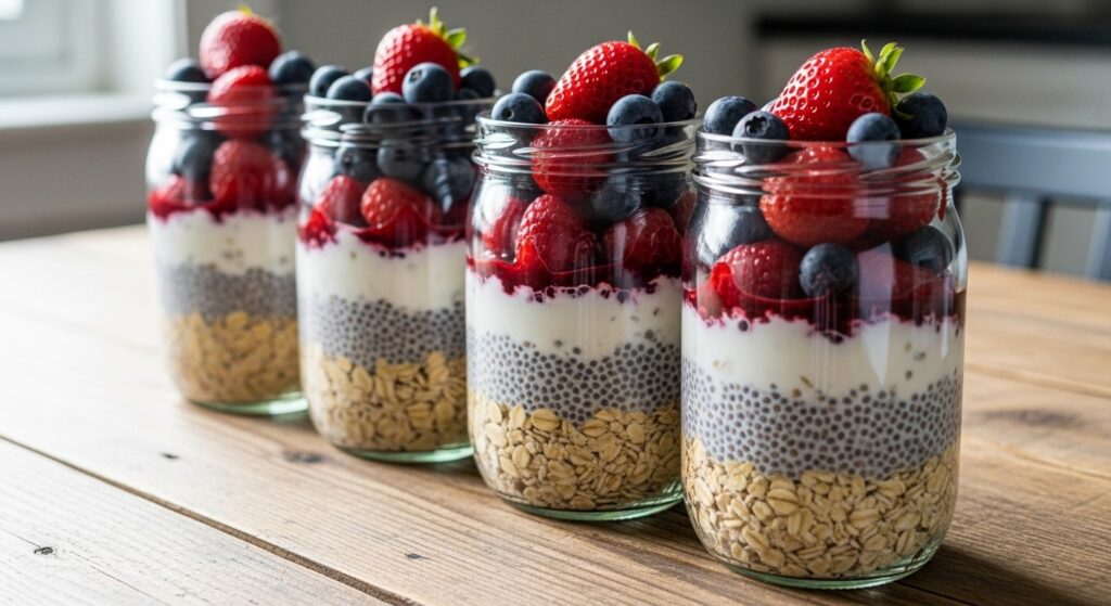 Simple berry overnight oats in glass jars.