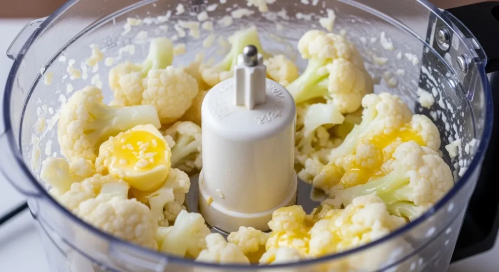 Food processor blending cauliflower for mash.