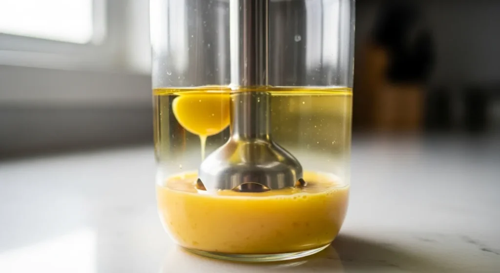 Immersion blender in jar emulsifying homemade mayonnaise