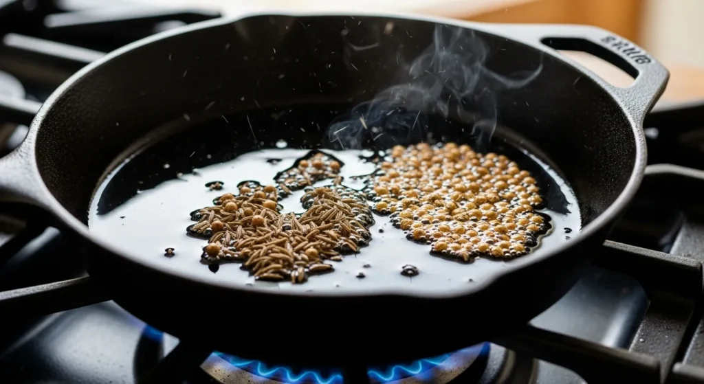 Whole spices blooming in oil for flavor release.