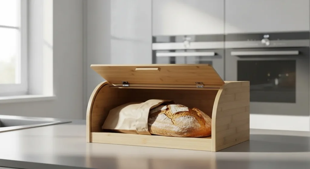 Wooden bread box containing a loaf of bread on a kitchen counter